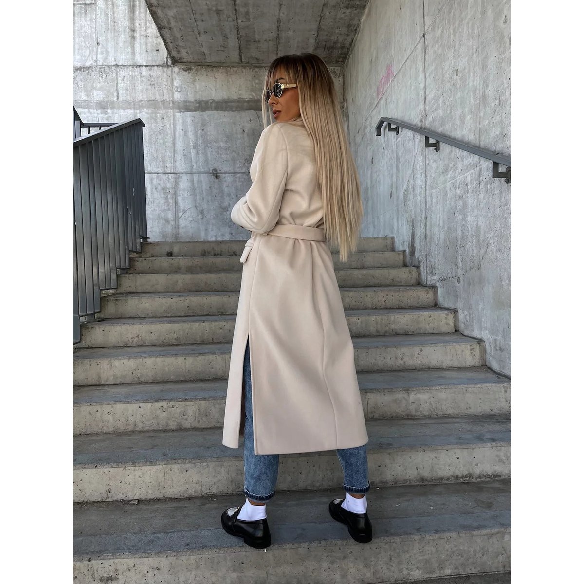 Double-breasted Lapel Split Jacket With Belt Winter Fashion Casual Long Sleeve Button Daily Coats For Women Clothing