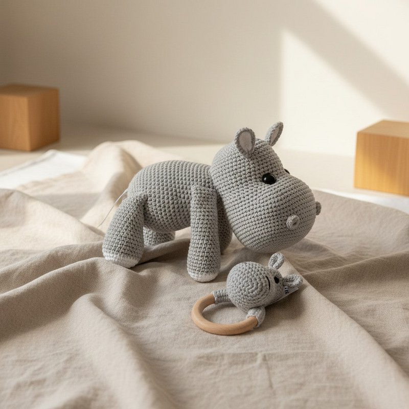 Nuvinokids® Handmade Hippo Cuddly Toy and Teething Set made of 100% Cotton