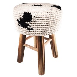 A round, black and white patterned stool made of cotton and wood, hand crocheted in Nepal. Suitable for use as a kids' stool.