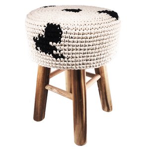 Luna-Leena stool with cow pattern cover black and white - cotton & wood - hand crocheted in Nepal