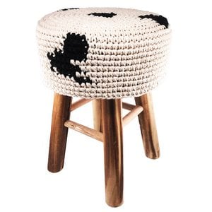 Luna-Leena stool with cow pattern cover black and white - cotton & wood - hand crocheted in Nepal