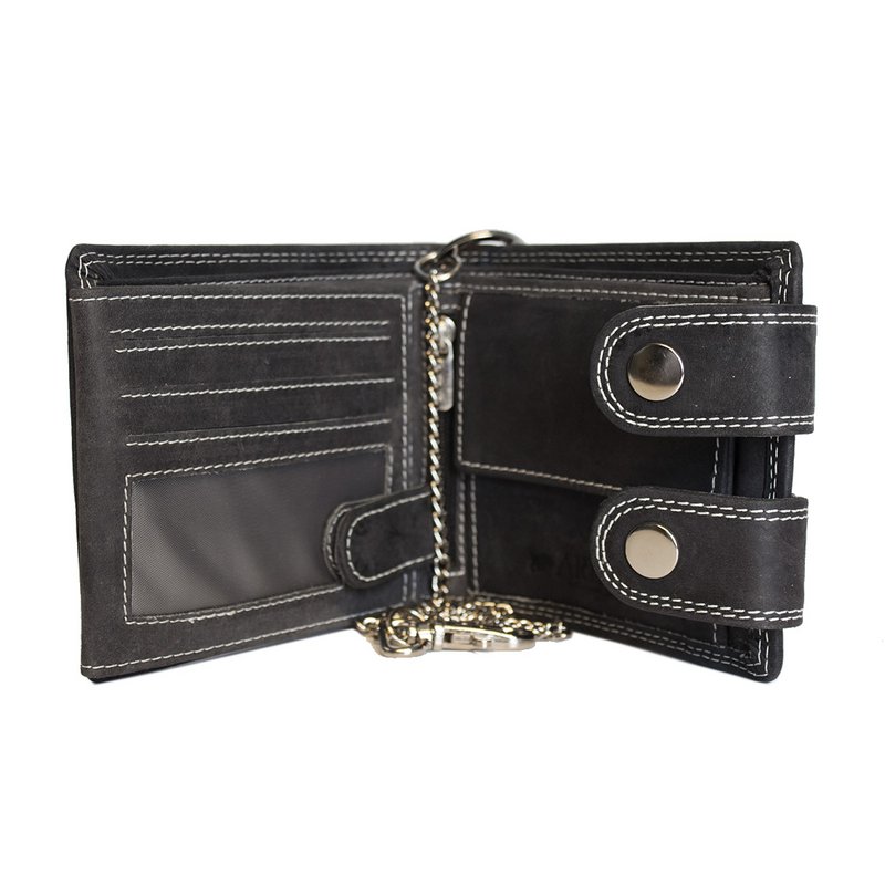 Leder Damen Geldbörse mit Kette Schwarz - Leder Herren Geldbörse mit Kette Schwarz