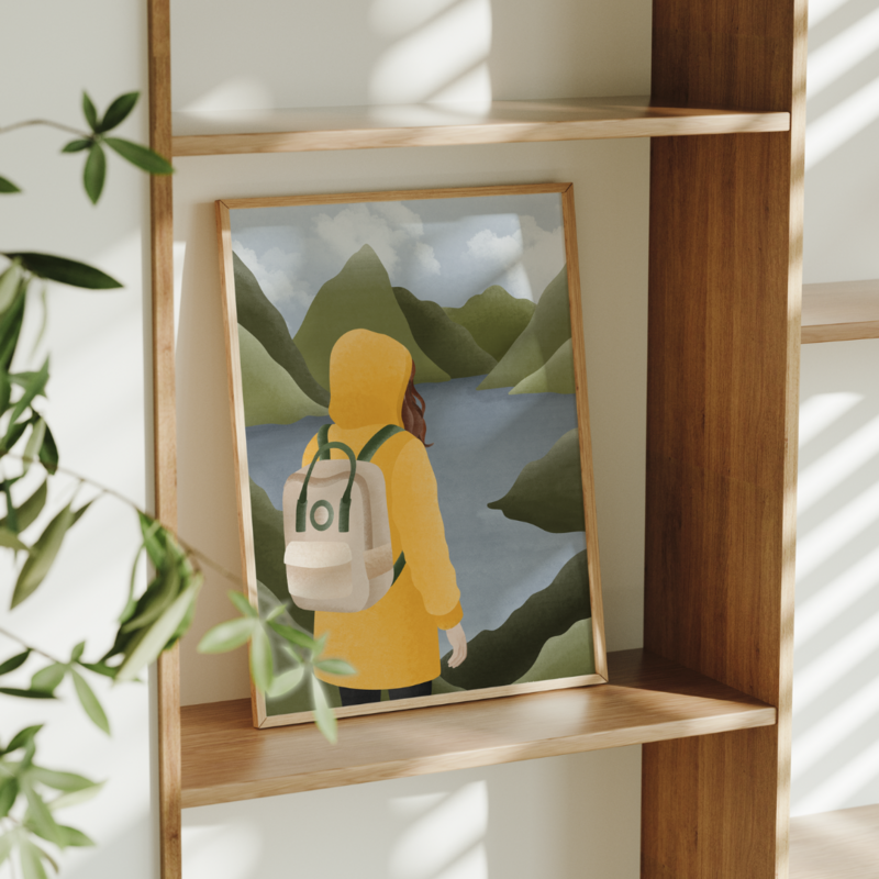 Poster norway fjorden woman in yellow rain jacket - hiking trip Scandinavia - Norwegian mountains