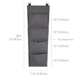Grey hanging storage unit with 4 compartments, made of durable fabric material, suitable for organizing and storing various household items.