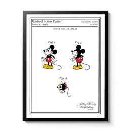 Colorful Mickey Mouse patent poster featuring the iconic Disney character in a classic black and white design. The poster showcases the unique and playful silhouette of Mickey Mouse, making it a perfect addition to any Disney-themed decor.
