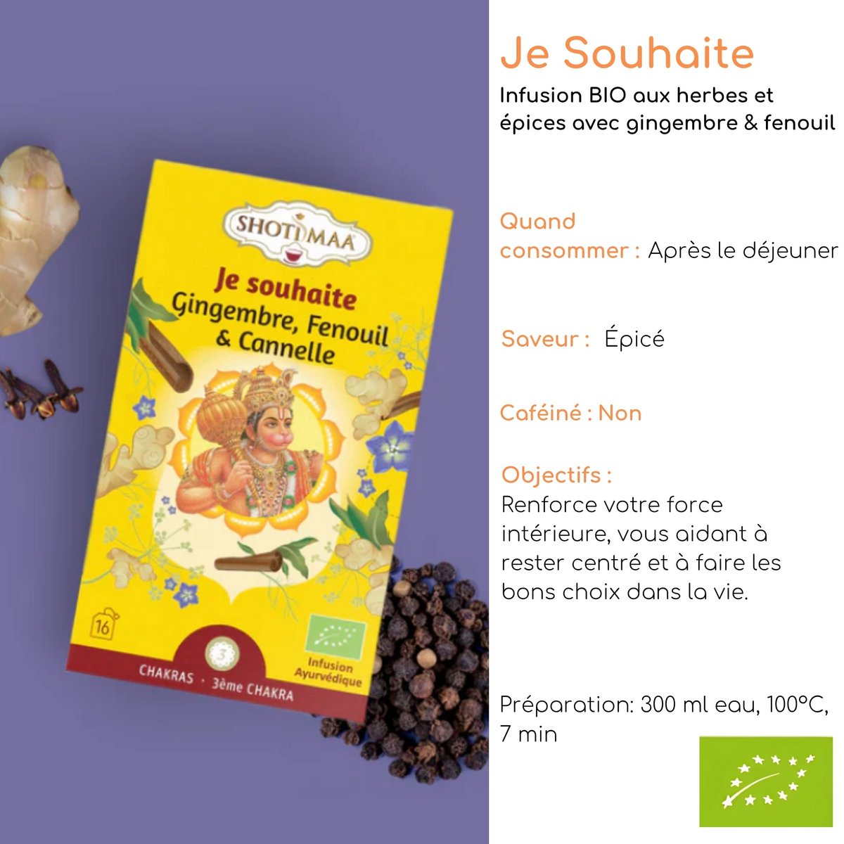 Je Souhaie Chakra Assortiment Biologische Kruidenthee en Kruidenthee - Stimulerende gember, zoete venkel en geruststellende kaneel - Moment van ontspanning na de maaltijd