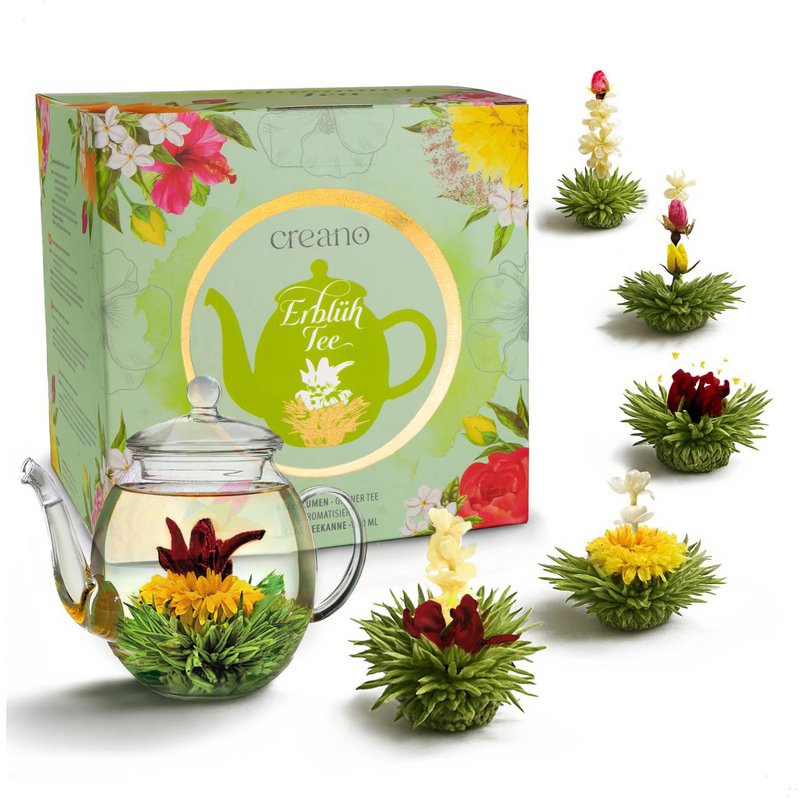 Creano Tea Flower Mix - Geschenkset Bloomed Tea in een modern bloemmotief met glazen pot, groene thee met fruitige smaak (6 varianten)