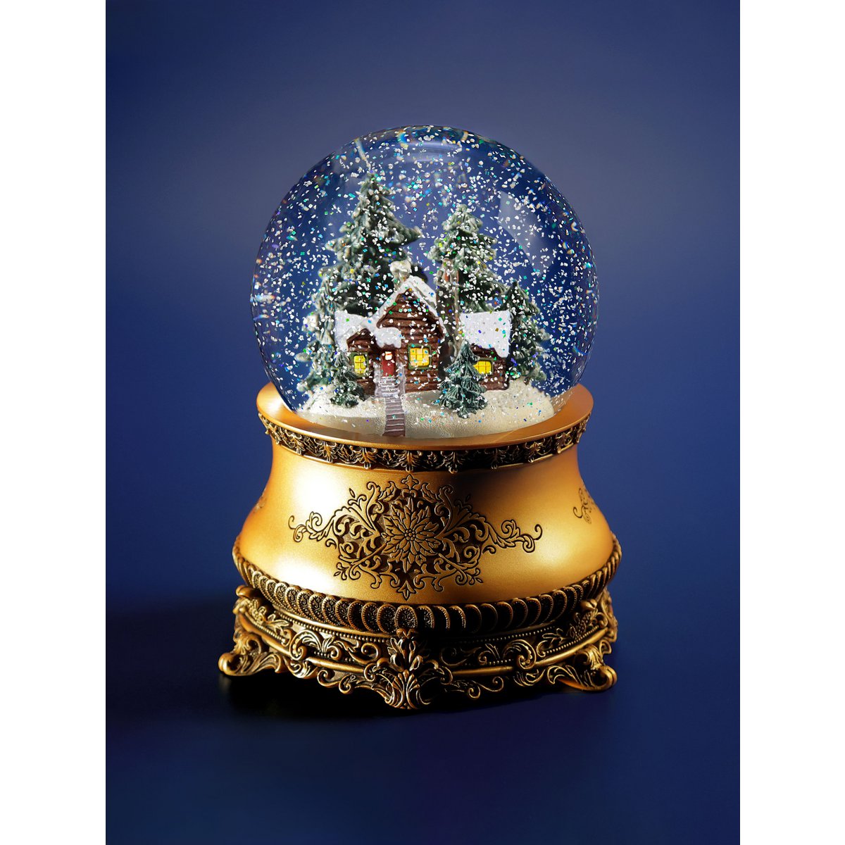 Kerstmuzikale sneeuwbol ‘Klein Huis in het Bos’, glas, met verlichting en automatische sneeuwstorm