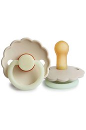 Cream-colored pacifier with a flower-shaped design, suitable for infants aged 0-6 months and 6-18 months.