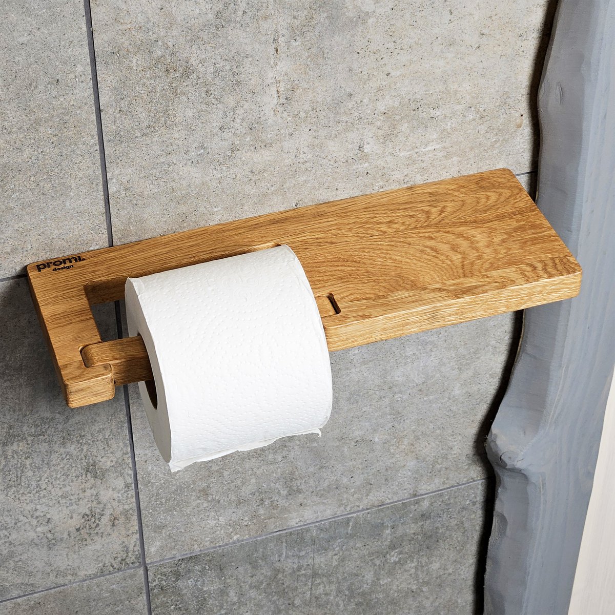 Soporte de papel higiénico de madera montado en la pared con estante, accesorio de baño de roble