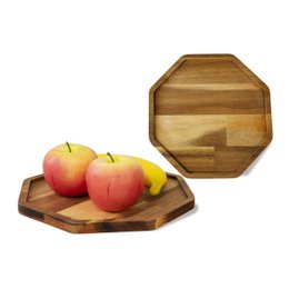 Juego de 2 platos octogonales de madera para servir platos | Bandeja de plato rústico decorativa elegante hecha a mano para pan, fruta, mesa de café, postres de té de la tarde