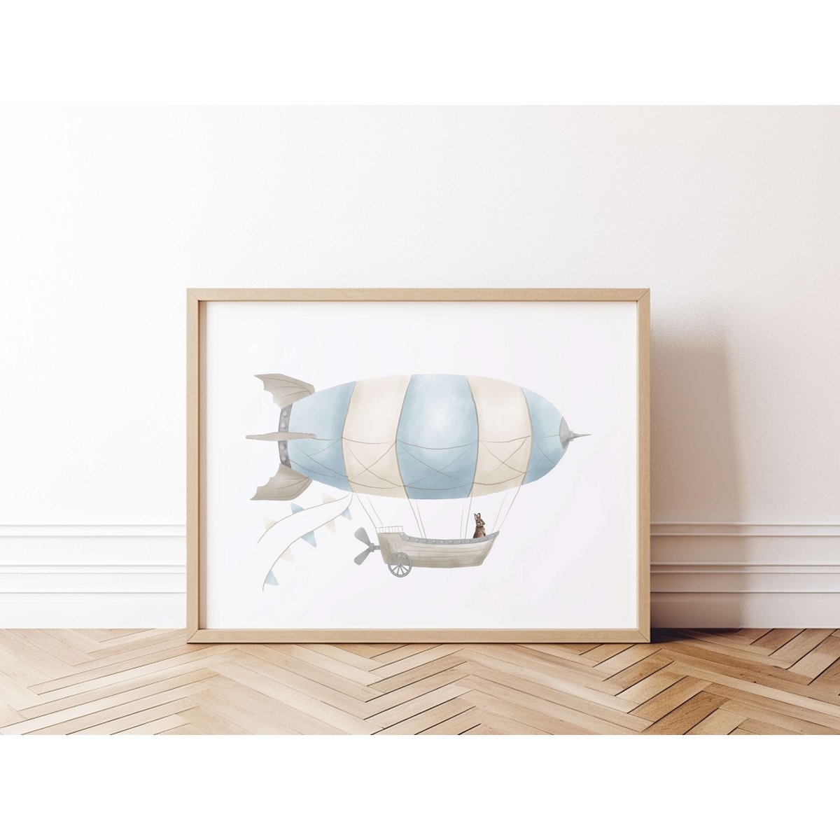 Zeppelin print, zeppelin poster, airship poster, hot air balloon print, hot air balloon poster, blue boys room poster, woodland print, bunny print, boys nursery art print, boys room, landscape print