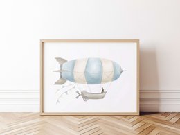 Zeppelin print, zeppelin poster, airship poster, hot air balloon print, hot air balloon poster, blue boys room poster, woodland print, bunny print, boys nursery art print, boys room, landscape print