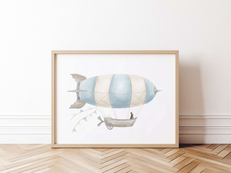 Zeppelin print, zeppelin poster, airship poster, hot air balloon print, hot air balloon poster, blue boys room poster, woodland print, bunny print, boys nursery art print, boys room, landscape print