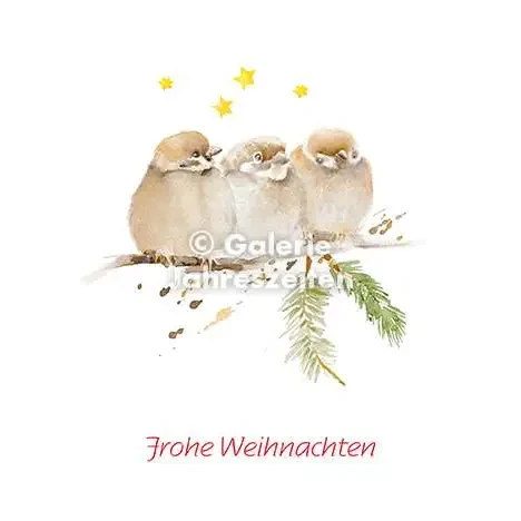 Watercolor card 3 sparrows | Merry Christmas | Colorful stars