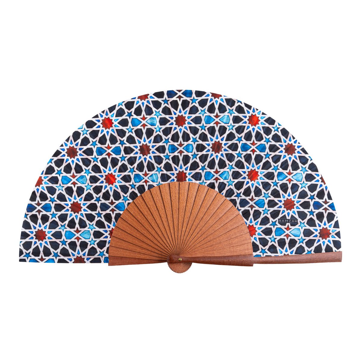 Ventilador de seda y madera multicolor inspirado en el arte islámico
