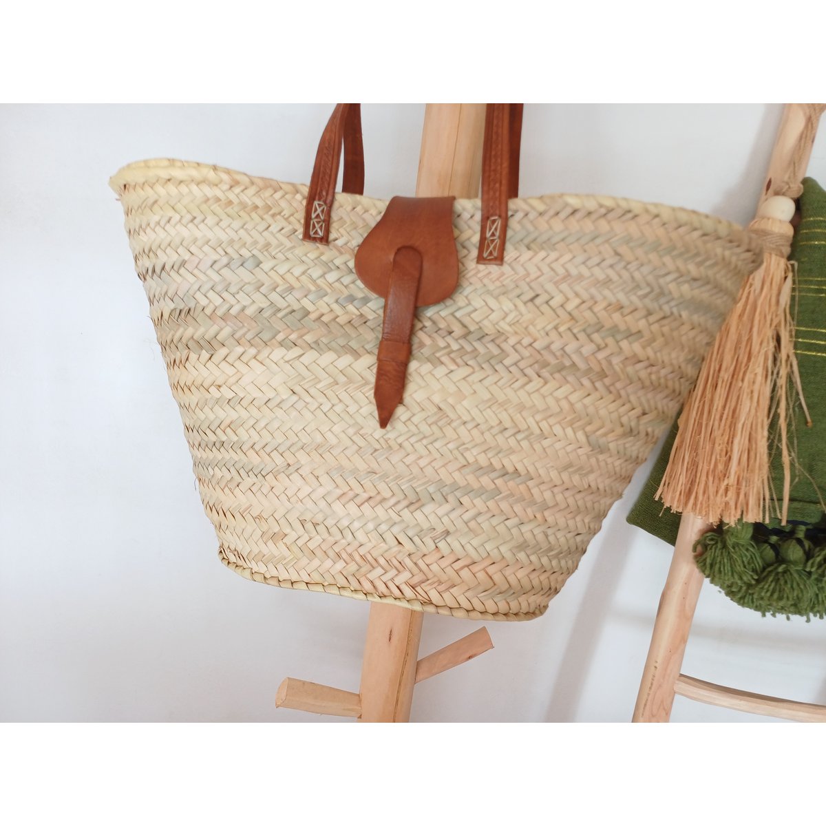 Strandtragetasche, Strohtasche, Basttasche mit Leder, Esparto-Tragetasche, handgefertigt, 50 cm