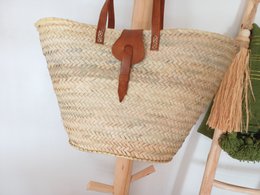Navicella da spiaggia, Borsa di paglia, Borsa in rafia con pelle, Navicella in sparto, Fatta a mano 50 cm