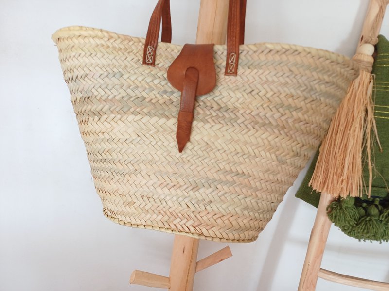 Navicella da spiaggia, Borsa di paglia, Borsa in rafia con pelle, Navicella in sparto, Fatta a mano 50 cm