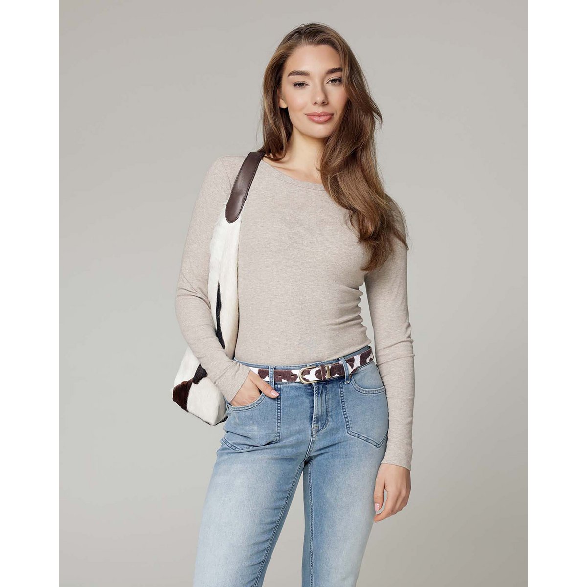 KIKI | Cow-Print Leather Belt with Sculpted Buckle & Textured Keeper