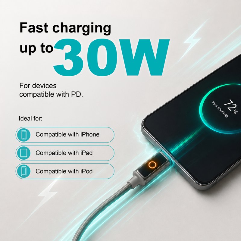 Cable NOVOTECK S-144 USB-C a Lightning: carga rápida de 30 W, 1 m, indicador LED y transferencia de datos