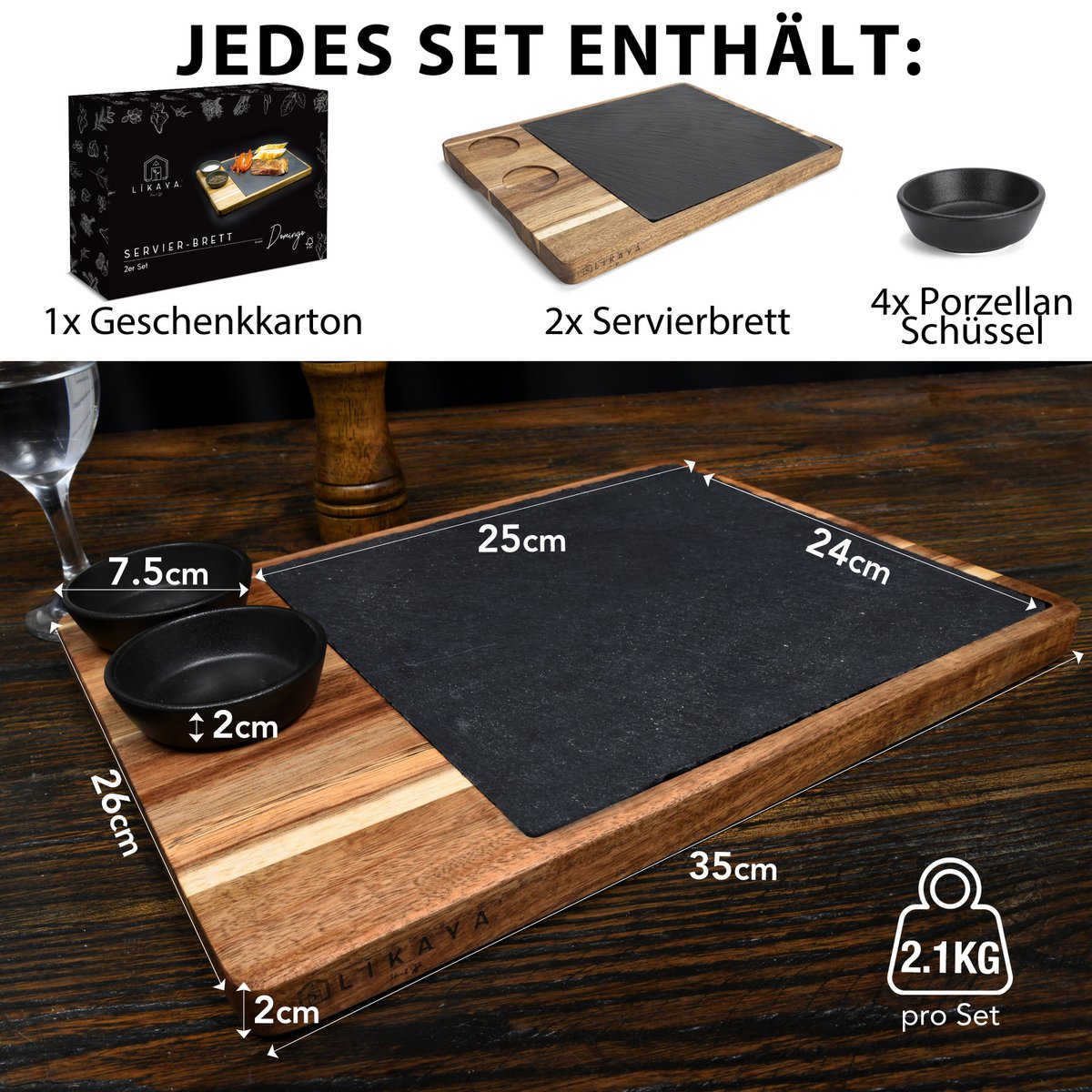 Serving Board XXL „Domingo” 2 Zestaw wykonany z drewna FSC® Acacia z płytami i miskami sosowymi