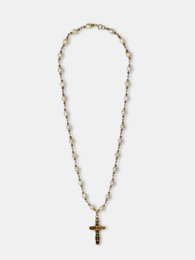 Pearl beaded necklace with gold cross pendant, elegant religious jewelry, long chain style.