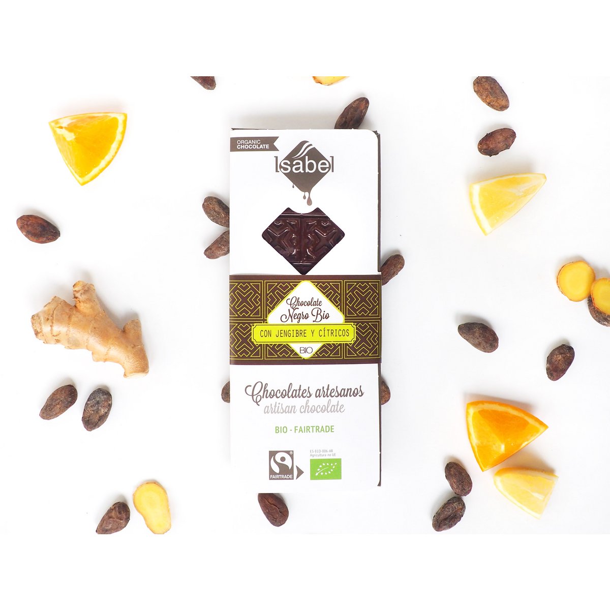 TABLETA BIO: Chocolate Negro con Jengibre y Cítricos (caja de 10 unidades de 80g)
