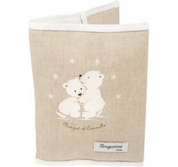 A beige book cover with a cute illustration of two polar bears and snowflakes. The cover has a soft, textured fabric material.