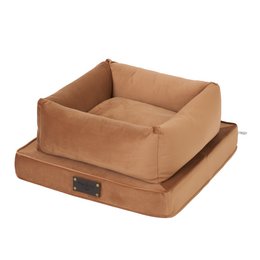  Brick-colored, velour pet bed from the Fluffy Puppy brand, handmade and available in sizes S, M, L, and XL.