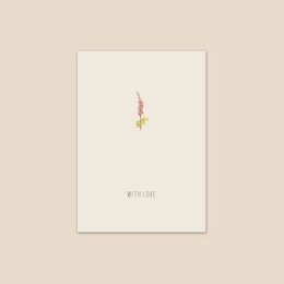 Greeting card with floral illustration of lupine flowers, conveying a message of love.