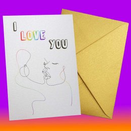 A colorful greeting card with the text "I Love You" and a simple line drawing of two figures embracing.