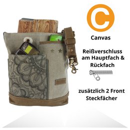 Sunsa dames schoudertas. Handtas gemaakt van canvas en leer. Schoudertas in vintagestijl. Grote kaki crossbodytas voor dames met mandala print