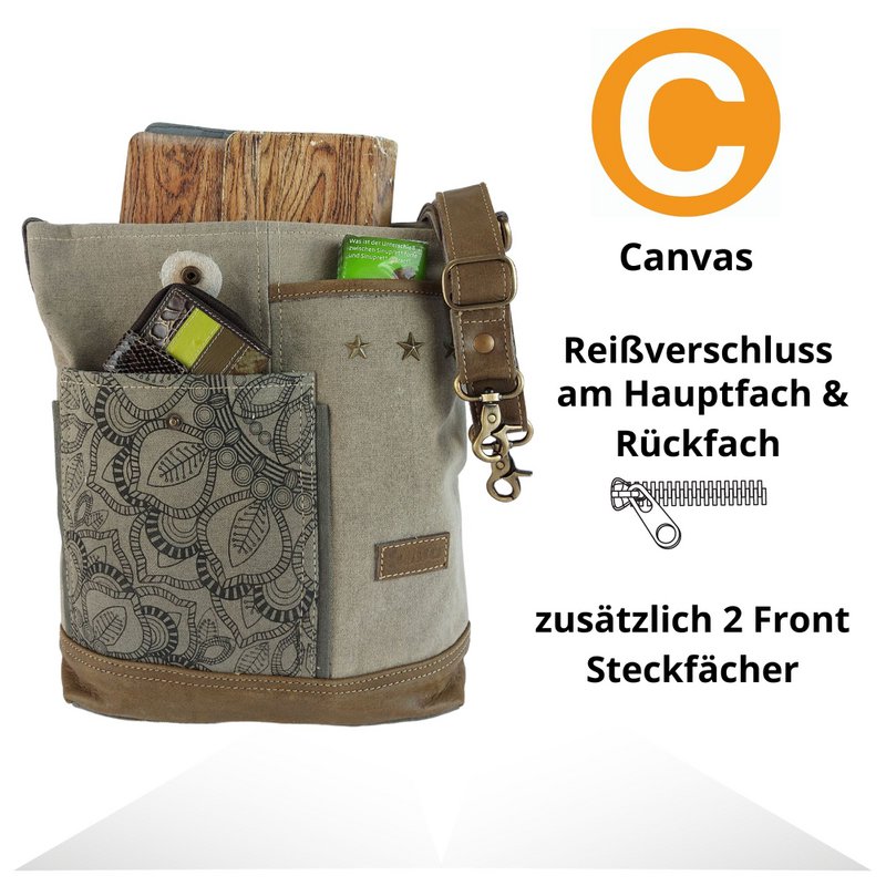 Sunsa dames schoudertas. Handtas gemaakt van canvas en leer. Schoudertas in vintagestijl. Grote kaki crossbodytas voor dames met mandala print