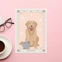  A whimsical tarot card-inspired art print featuring a friendly golden retriever dog. The print has a vintage-style border and a sunburst background, giving it a mystical and charming aesthetic.