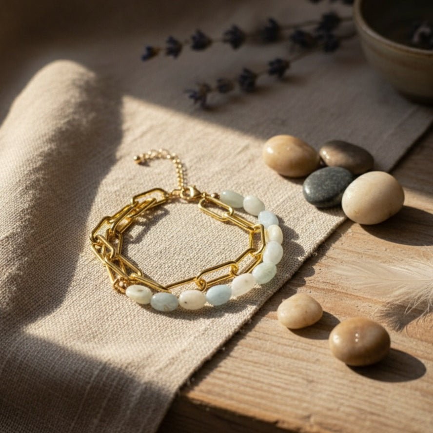 Aqua-armband in messing en 18k goud met aquamarijn