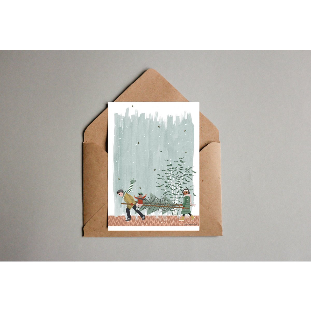 postcard - series 'Christmas' - 'how to get that tree home' - ladder