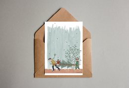 Postkarte - Serie 'Weihnachten' - 'Wie man diesen Baum nach Hause bringt' - Leiter