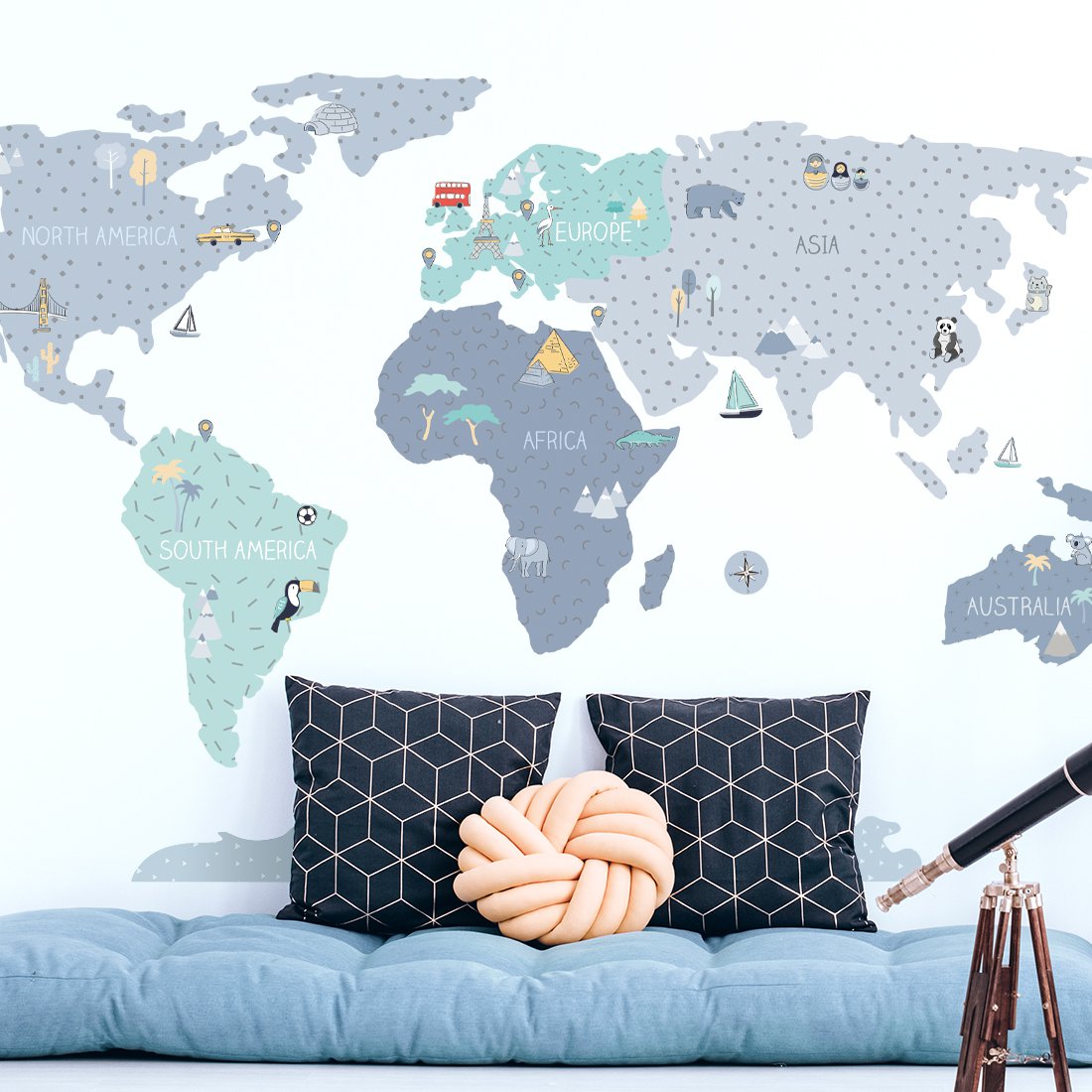 Muursticker | Wereldkaart blauw