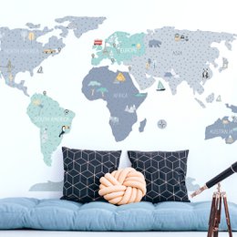 Etiqueta de la pared | Mapa mundial azul
