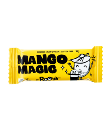 Organic mango-flavored snack bar, 30g, in yellow packaging with cartoon character.