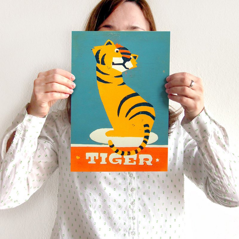 Woodcut print with tiger for the children's room