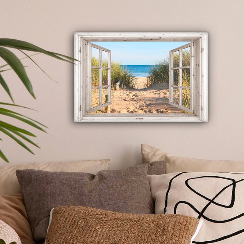 Canvas Maleri - Wall Decoration - View - Beach - Sea - Dunes - Sand - Water - Helmgras