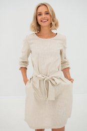 Stonewashed linen dress with tie belt, pockets, three-quarter sleeves, knee-length, casual elegant style.