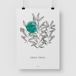 Artistic poster with abstract leaf design and the text "Shine today" in a minimalist style.