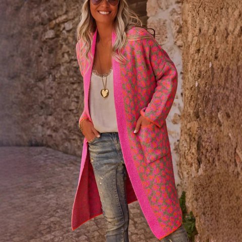 Contrasterende kleur luipaardprint lange gebreide mode retro zaksweater damesjas