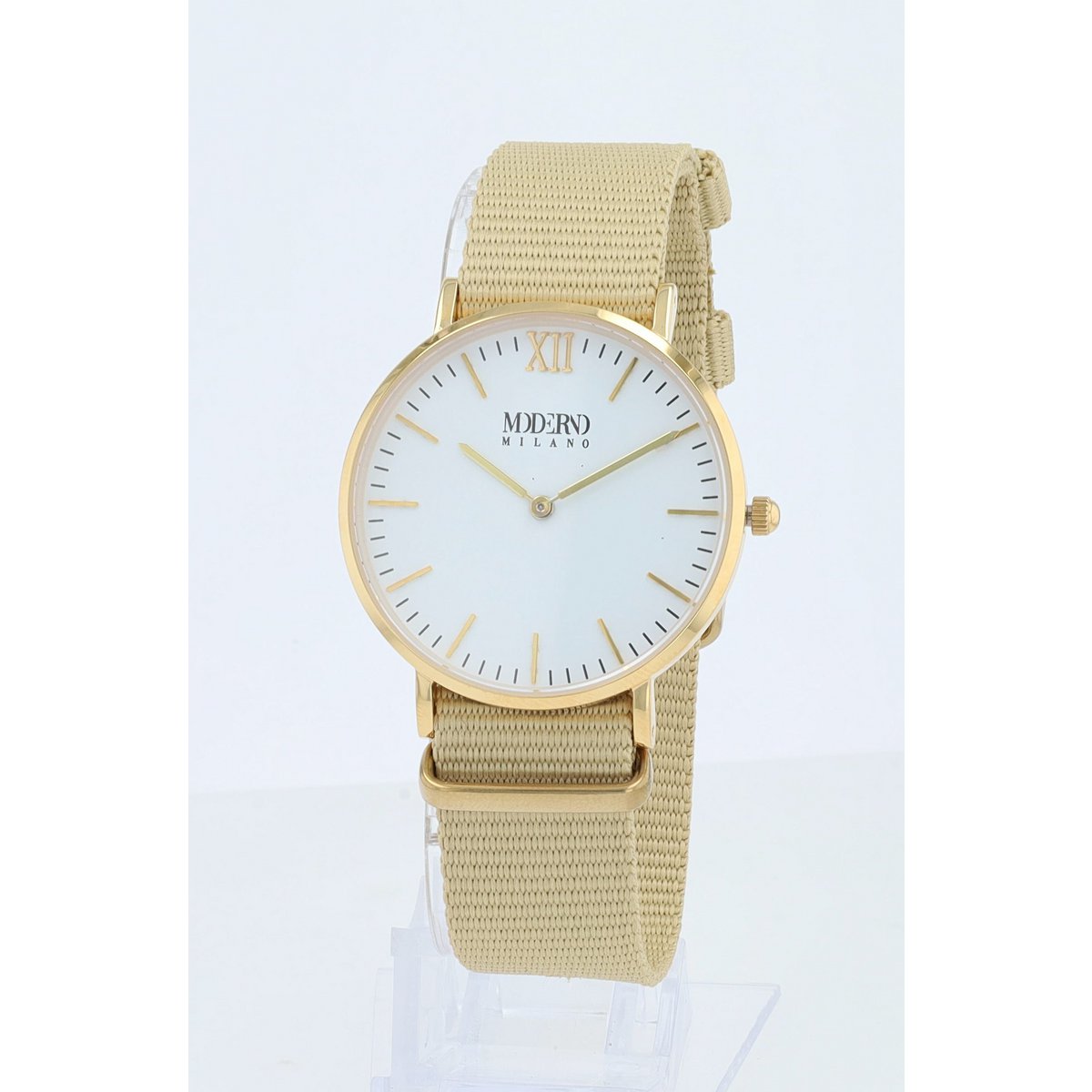 Moderno Milano stainless steel women's watch 36.5 mm, sapphire crystal & nylon NATO strap (beige), gold-colored
