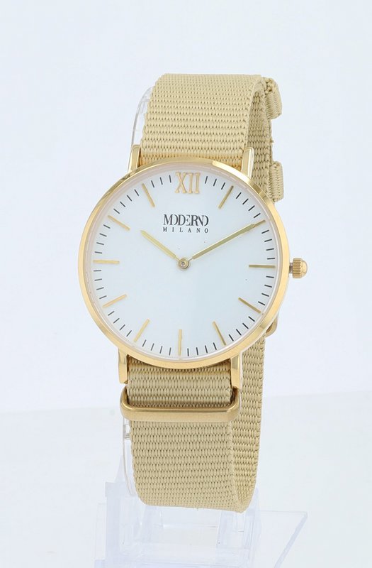 Moderno Milano stainless steel women's watch 36.5 mm, sapphire crystal & nylon NATO strap (beige), gold-colored