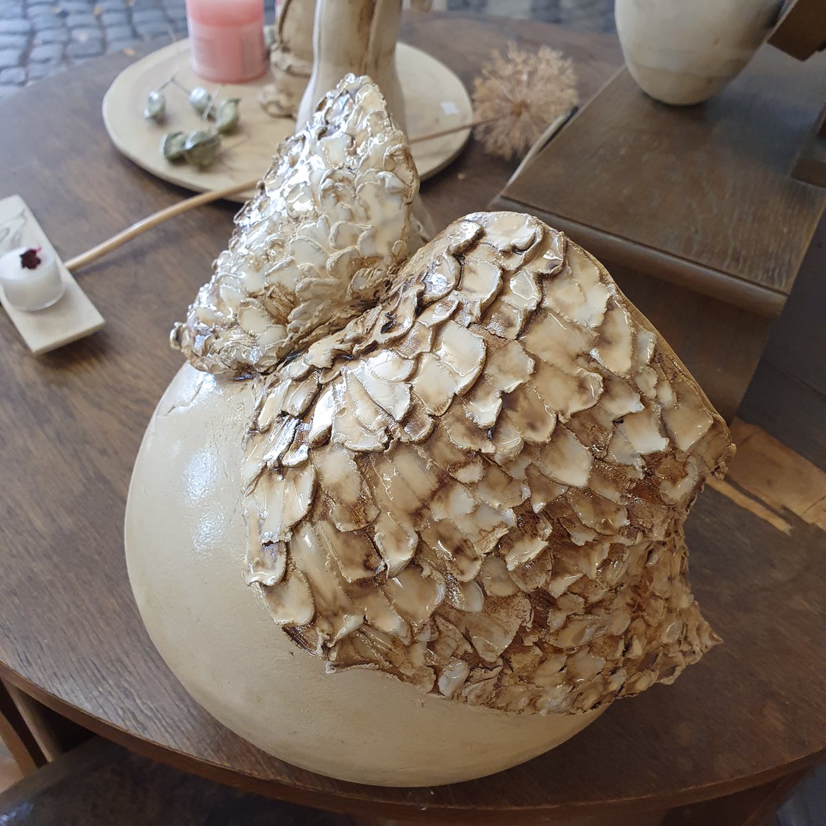 Grave decoration, ceramic, ball, D= approx. 18 cm, ceramic ball, wings attached, unique, frost-proof decoration, handwork, gift, grave decoration
