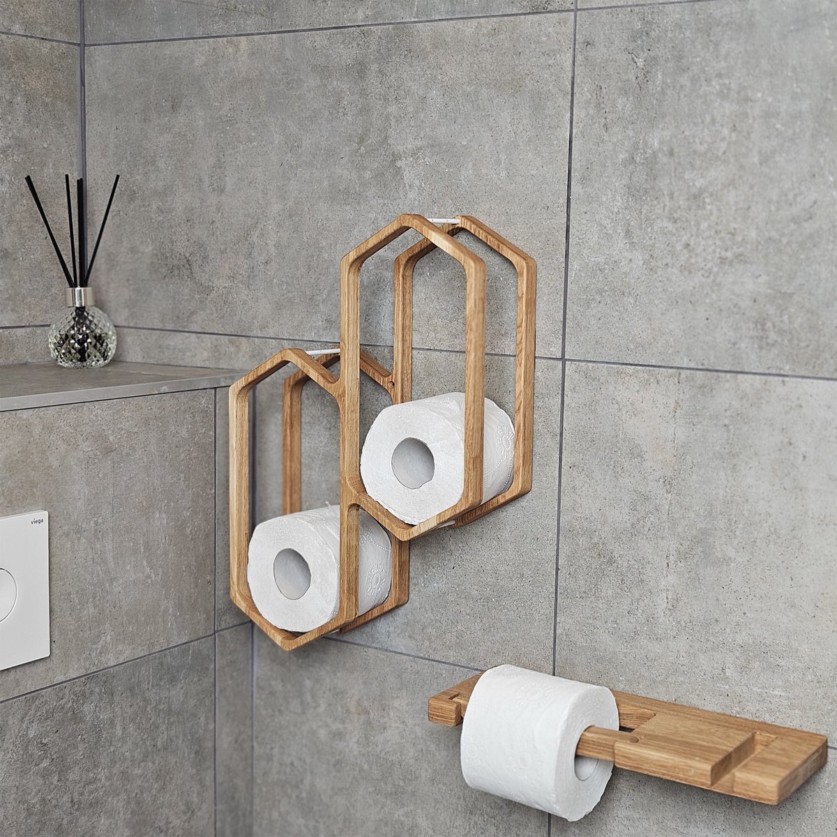 Toiletpapirholder til vægmontering, træbadeværelse opbevaringsstativ til 4 ruller, kompakt arrangør til badeværelser